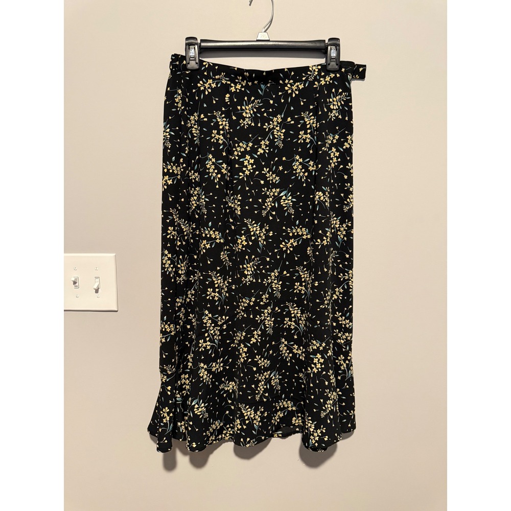 Sag Harbor Petite Black Yellow Floral Midi Skirt Ruffle Hem Size 8P 542148